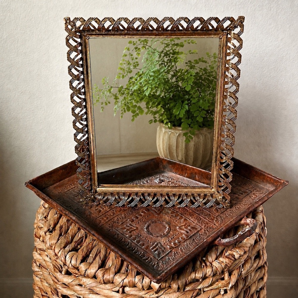 Vintage Brass Ornate Vanity Mirror Easel Back Tabletop Hollywood Regency 11.5"
